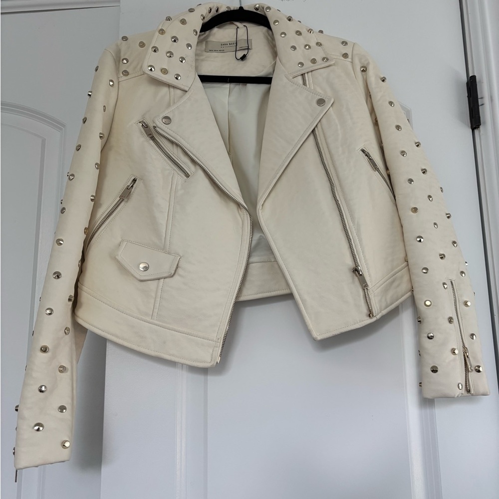 Zara Studded Cream Leather Jacket